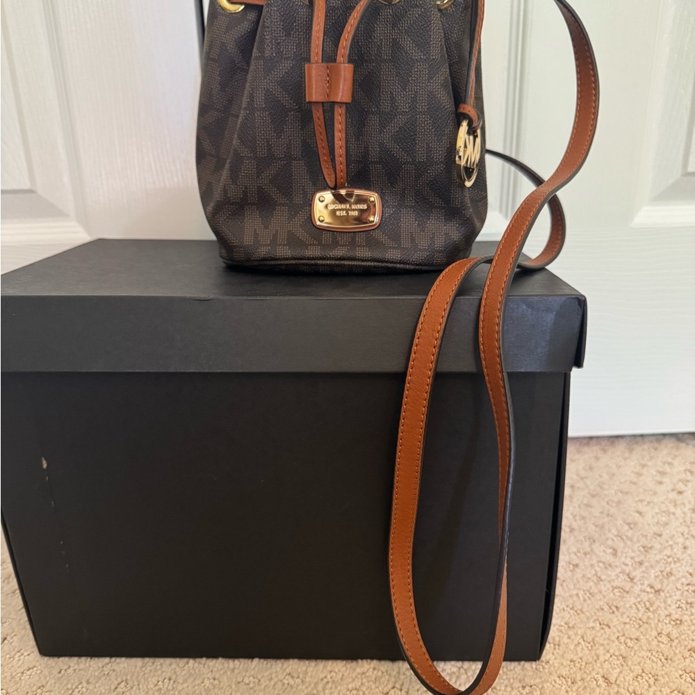Michael Kors Brown & Tan Signature Monogram Drawstring Crossbody